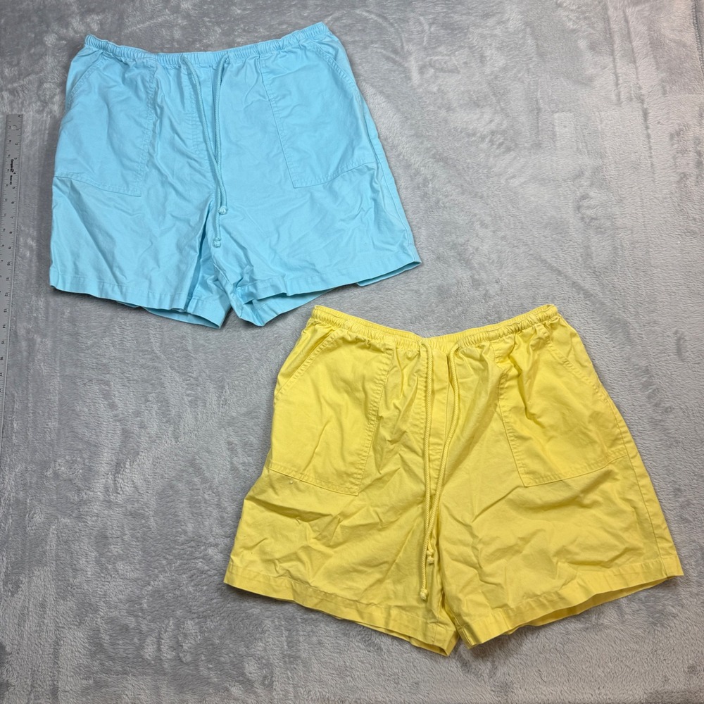 (2) Vintage LL Bean Shorts Women L Blue Yellow 90s Drawstring Outdoor Hiking